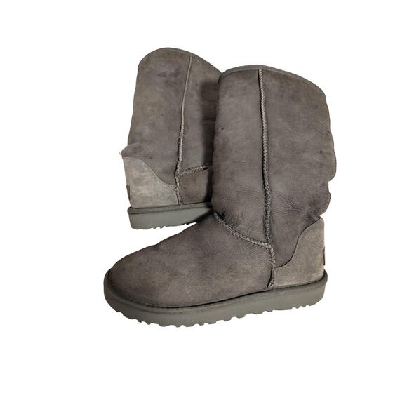 UGG Classic Suede Boots Womens Size 7 Gray Shearling Lined Mid Calf Winter Warm - Picture 2 of 8